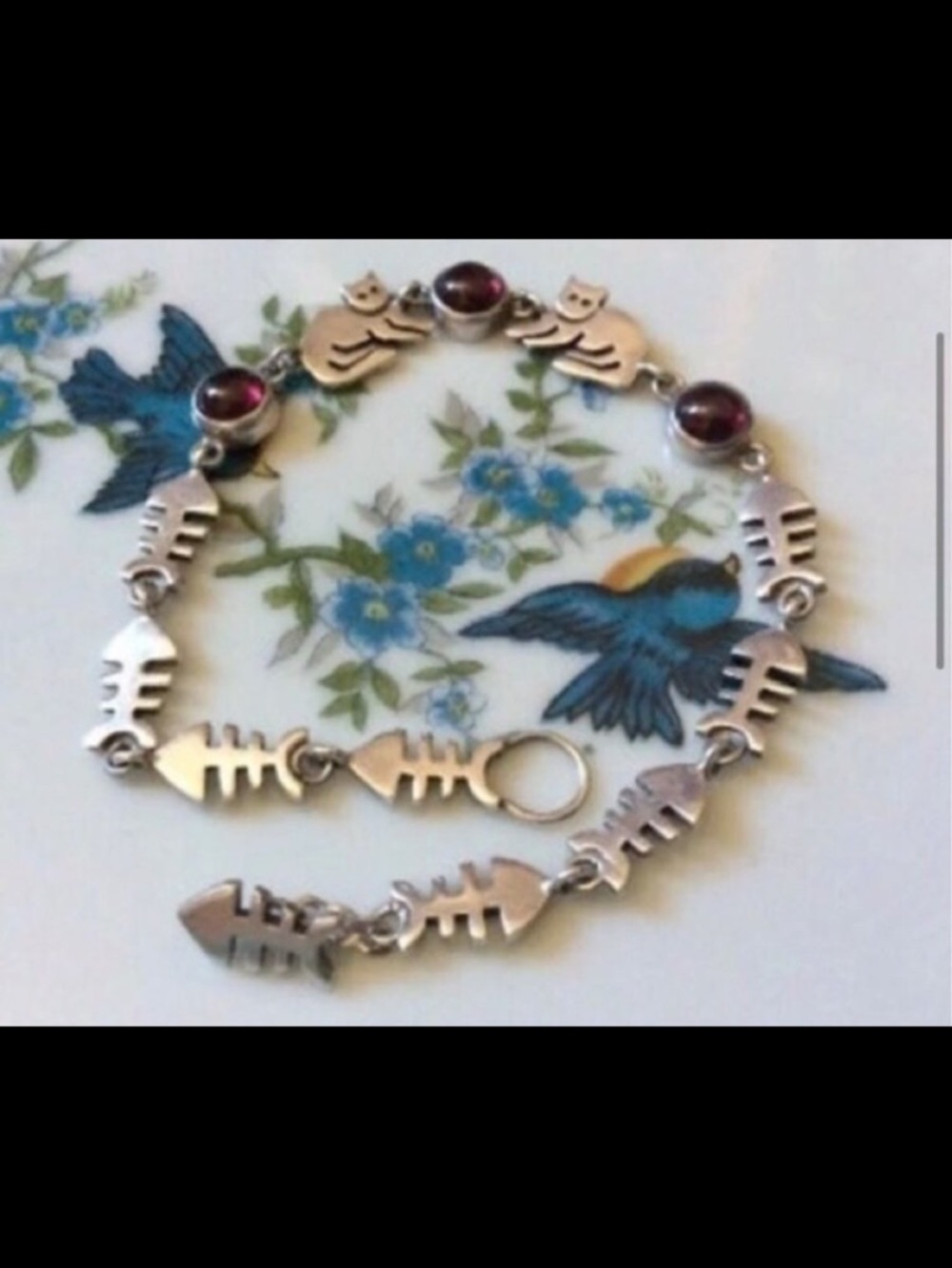 Vintage Fish bones cat garnet gemstone link bracelet sterling silver 925 - Picture 11 of 16